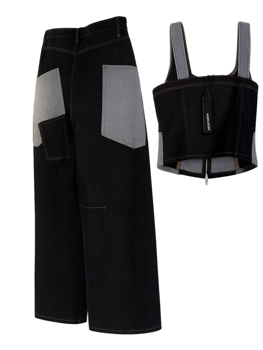 Fashion Nova Black Wide-Leg Two-Piece Set with Gray Patch Details